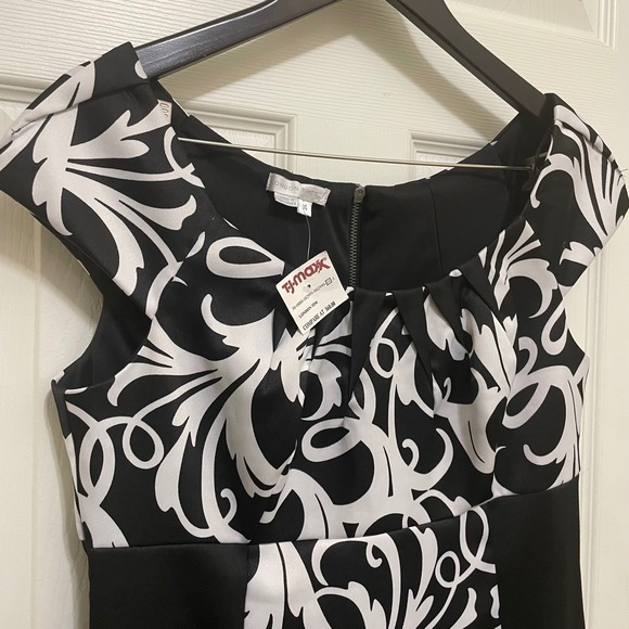 NEW London Times Sheath Dress Black & White Scroll Print Knee Length Party Sz 14 - Picture 3 of 8